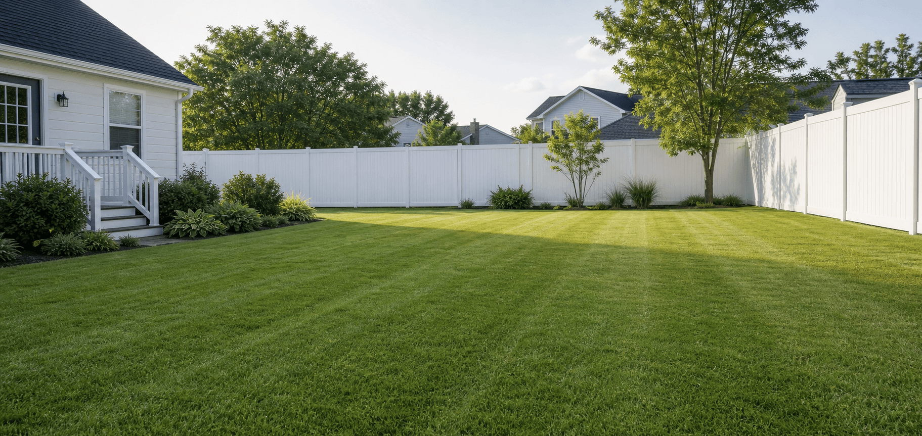 Freshly mowed fenced backyard with clean grass